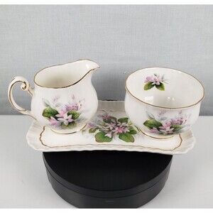 1960s Royal Adderley Provincial Flowers Mayflower Floral Creamer Sugar Bowl Tray